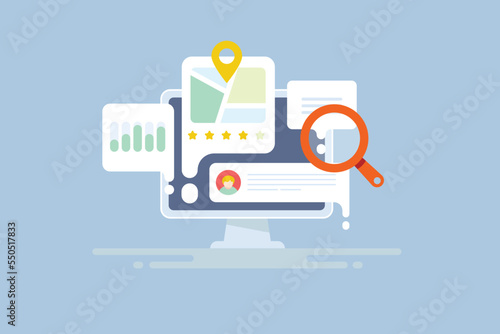 Business location map with customer rating and review appears on search engine page, local seo marketing concept.