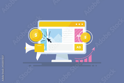 Paid advertising campaign display ads on website generating revenue for publisher, promoting brands to audience concept banner.