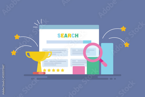 SEO success concept, increasing website traffic graph and high ranking on search results with magnifier and trophy concept. photo