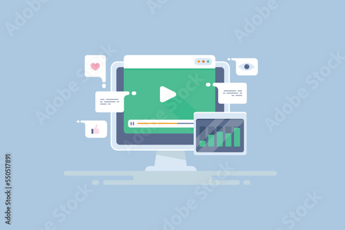 Video content on desktop screen, dashboard interface showing increasing web traffic and social engagement rate concept, banner.
