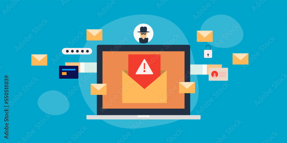 Email phishing attack warning email letter on laptop screen, hacker
