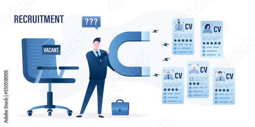 HR agent or boss uses magnet and attract resume of job seekers. Interview, recruitment, hiring process. Various cv of applicants. Search for new staff, employment concept. Office vacant chair.