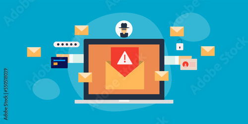 Email phishing attack warning email letter on laptop screen, hacker unauthorised access to personal and finance data banner concept.