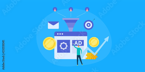 Consumer focused online advertising campaign, website sales funnel converting leads to revenue money web banner.