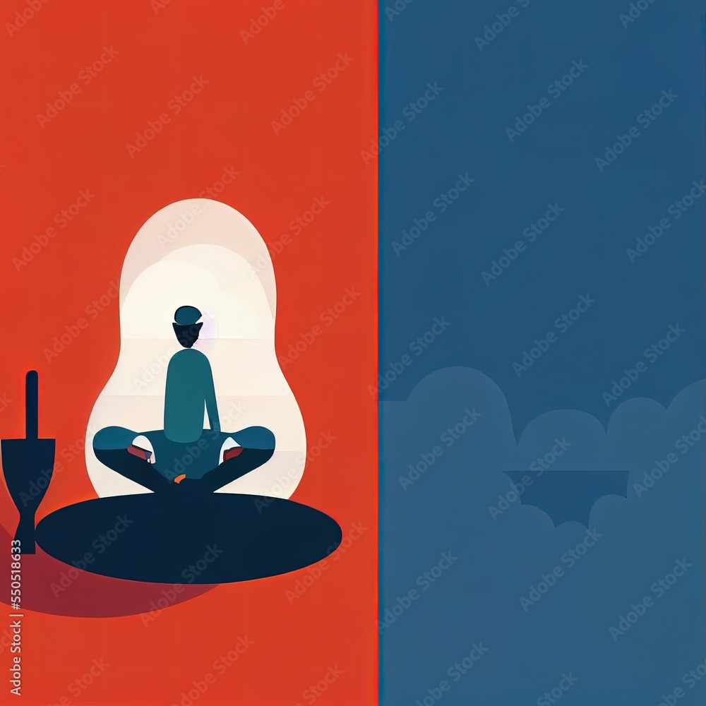 Person mediating on red and blue abstract background painting