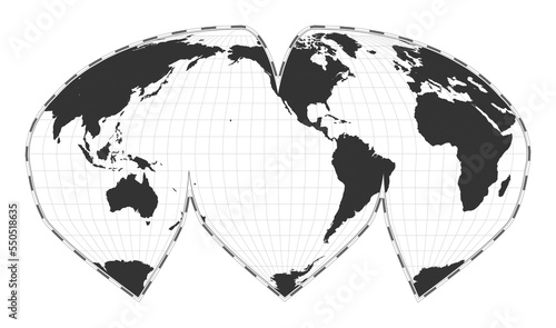 Vector world map. Alan K. Philbrick's interrupted sinu-Mollweide projection. Plan world geographical map with latitude/longitude lines. Centered to 120deg E longitude. Vector illustration.