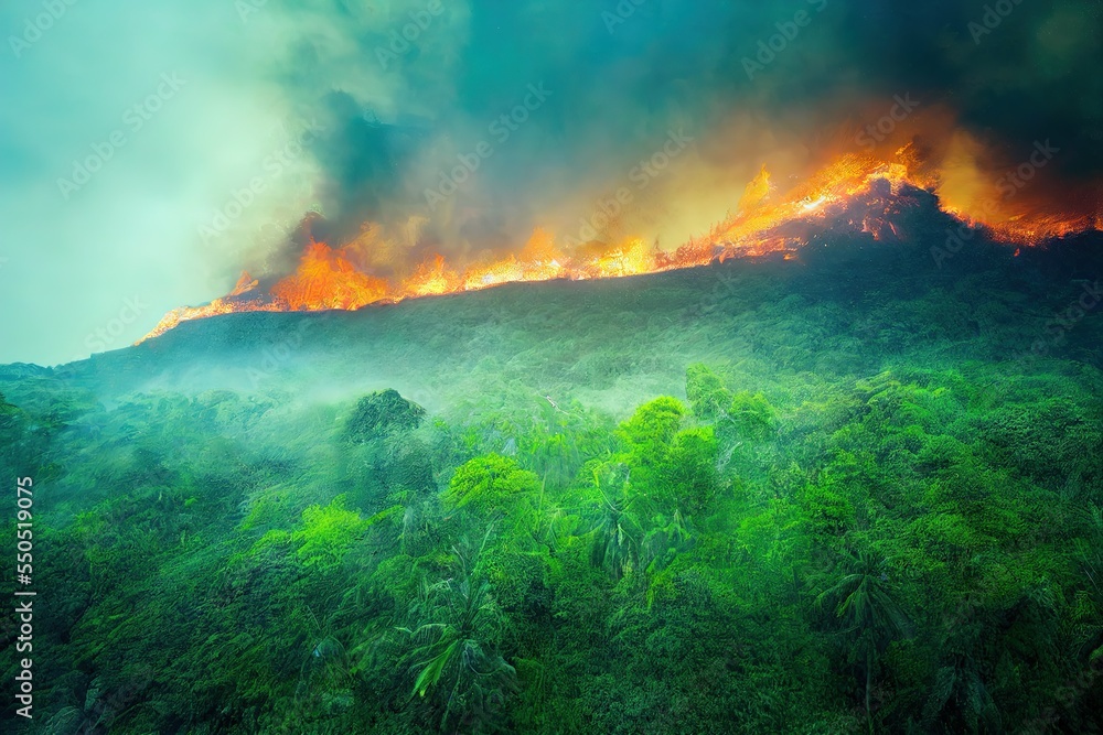 Forest fire burning on jungle landscape. Long shot. 3d artwork.