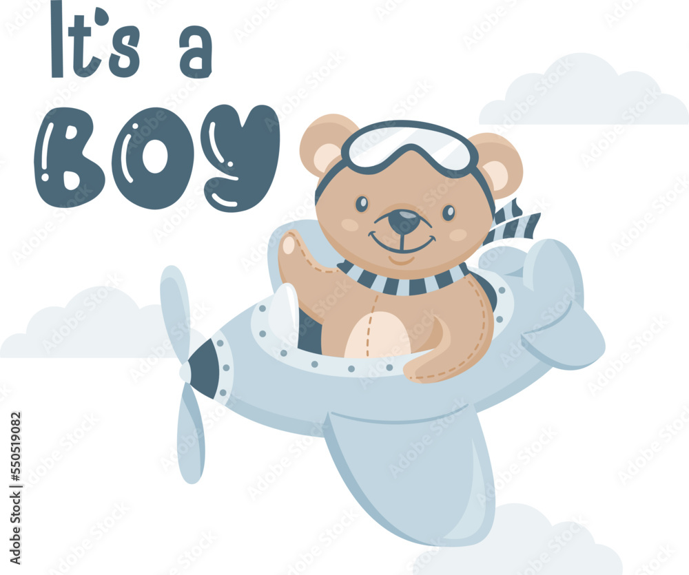Vector design for baby showers. Cute illustration with a teddy bear flying on an airplane, the inscription is a boy. Vector design for baby showers. Cute illustration with a teddy bear flying on an airplane, the inscription is a boy.
