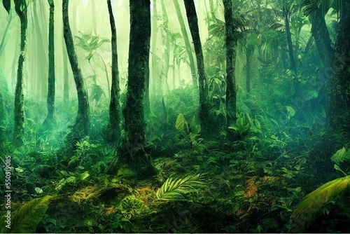 Green tropical forest canopy. 3d digital art.