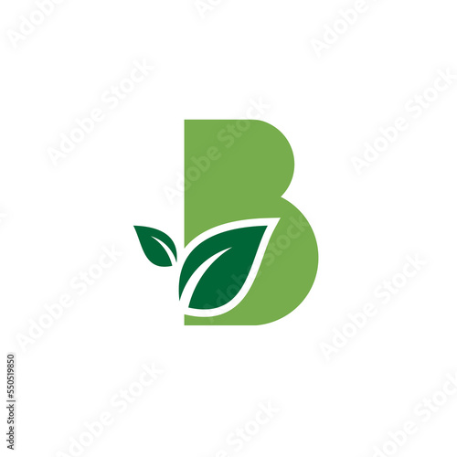 Green leaf and letter B monogram logo design vector.
