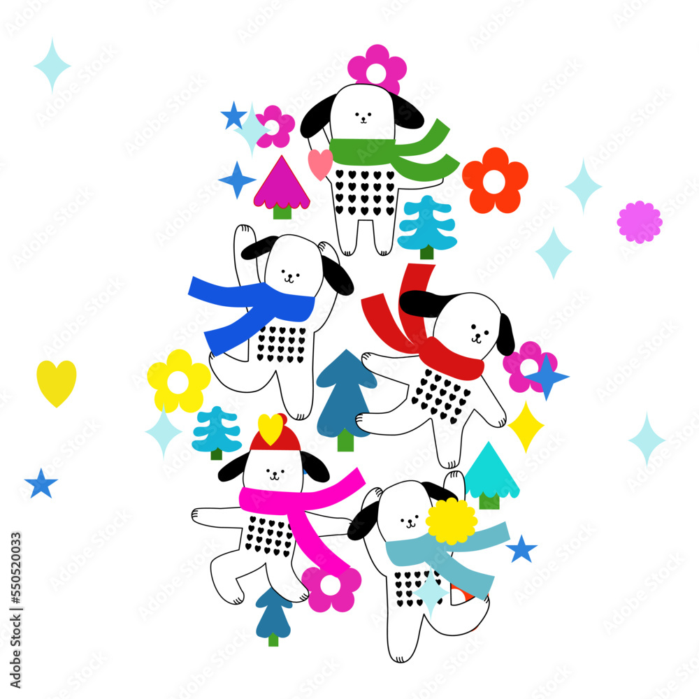 happy new year dog have red, green, pink, blue, flower, Christmas tree, star happy new year dog have red, green, pink, blue, flower, Christmas tree, star