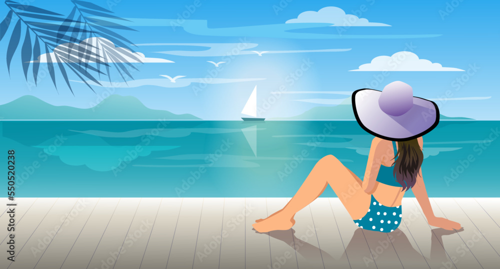 luxury travel holiday young woman holiday on vacation banner.sun hat and bikini dress woman relaxing sea view.