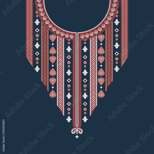 Pink color motif of the neckline design.Thai traditional design pattern for the round neck kaftan, Dubai clothing, Arab men's thobe, and Arabic dress.A seamless repeating pattern.Vector illustration.