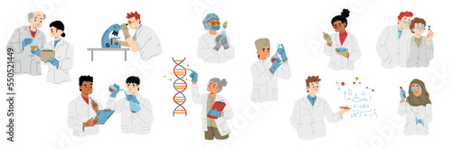 Scientists doing research, medicine, chemistry or biotechnology experiments in laboratory. Vector flat illustration of diverse people with lab flask, microscope and DNA molecule in science lab