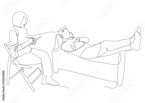 One continuous line of Female psychologist with patient on a therapy session. Thin Line Illustration vector concept. Contour Drawing Creative ideas.