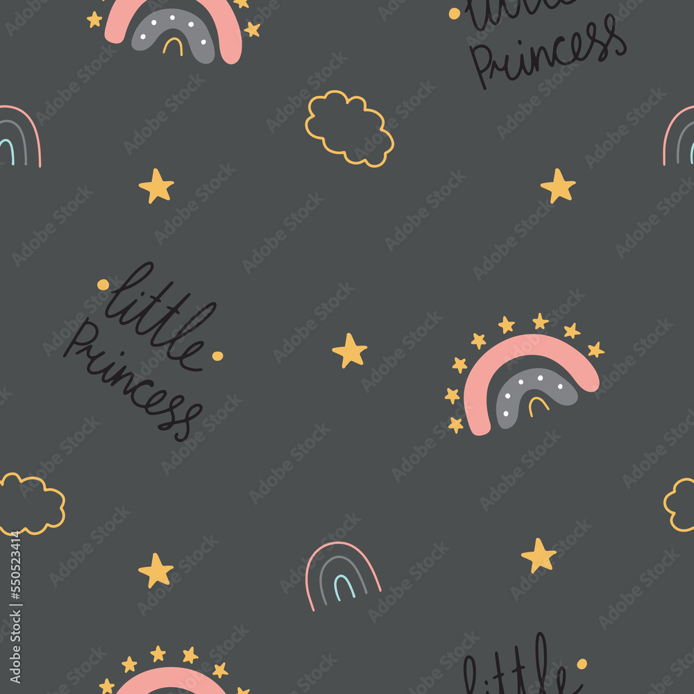 Seamless pattern with rainbows and lettering: little princess. Vector illustration for nursery decoration, packaging, textiles
