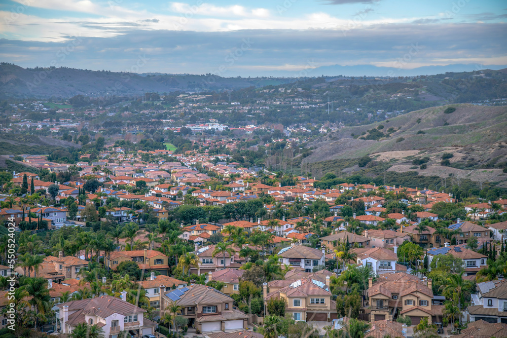 View of an upper middle class residential area from a hiking trail at San Clemente, California