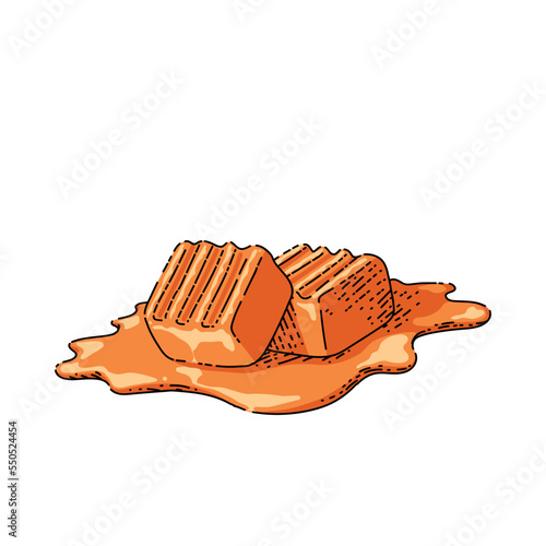 cubes melted caramel sketch hand drawn vector toffee candy sauce, melted cube, cream pieces, sugar dessert vintage color line illustration