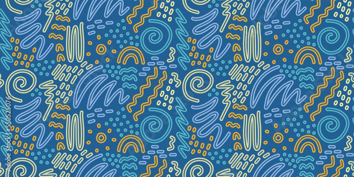Fun colorful lines abstraction doodle seamless pattern on blue background. Creative art background for kids, school supplies or fashion design with basic shapes. Simple childish doodle background.