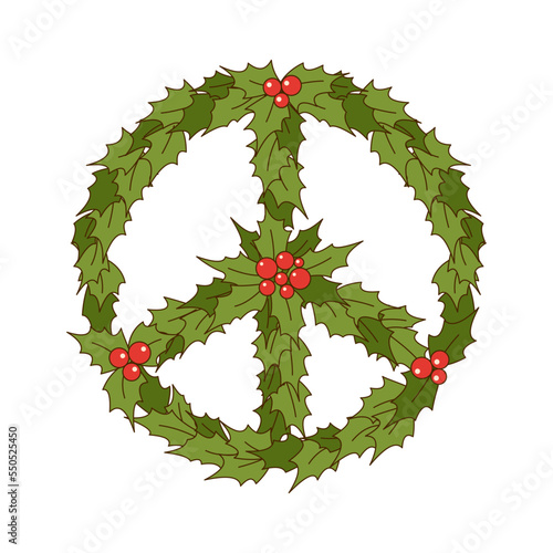 Groovy hippie Christmas wreath with holly berry isolated on white background. Peace sign for winter holidays.