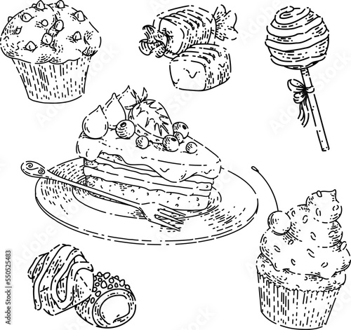 dessert cake bakery set sketch hand drawn vector pastry food, chocolate cream menu, sweet pie, cheescake muffin vintage black line illustration