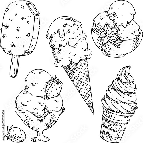 ice cream dessert set sketch hand drawn vector scoop waffle cone, chocolate food, sundae frozen ball vintage black line illustration