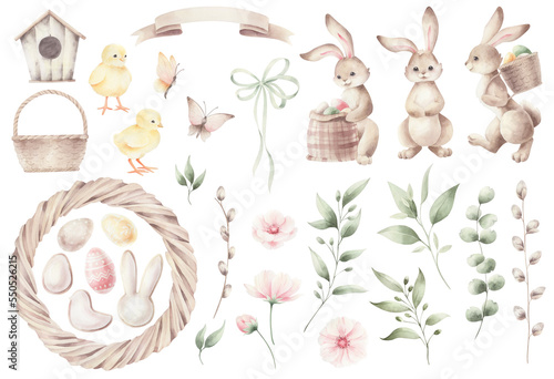 Watercolor easter set with characters isolated. Hand painted easter elements in white. Easter bunny.