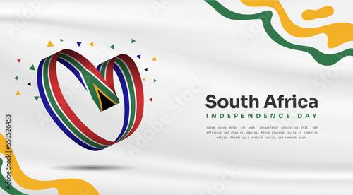 Banner illustration of South Africa independence day celebration with text space. Waving flag and hands clenched. Vector illustration.