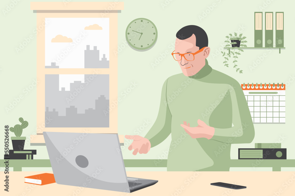 Corporate office illustration of a man looks at the laptop screen and shocked Corporate office illustration of a man looks at the laptop screen and shocked