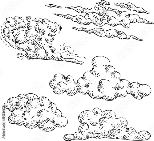 cloud sky set sketch hand drawn vector weather art, heaven storm, nature rain, air dream vintage black line illustration