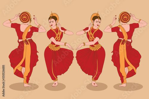 Indian woman in traditional dress and traditional cultural dancing poses front view back view