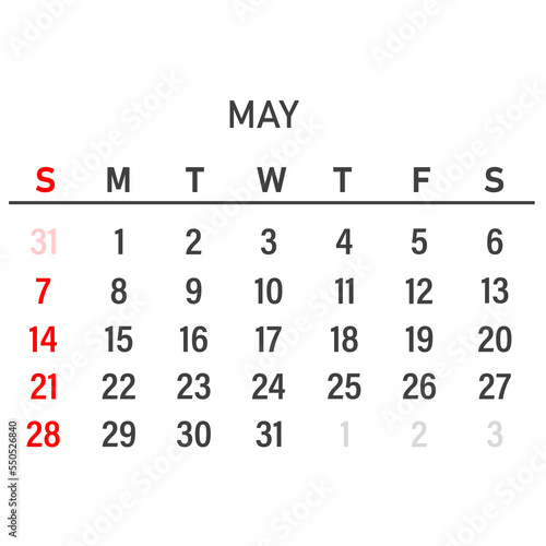 May 2023 calendar template. May 2023 layout. Printable monthly planner. Desk calendar design. Start of the week on Sunday
