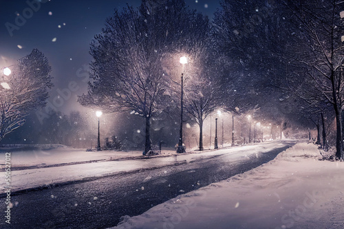 Landscape of snow storm winter background at night, digital art design © Nuchylee