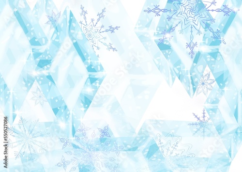 Background with ice crystals and snowdrops.
