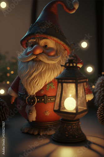 gnome dressed as santa claus with lamp