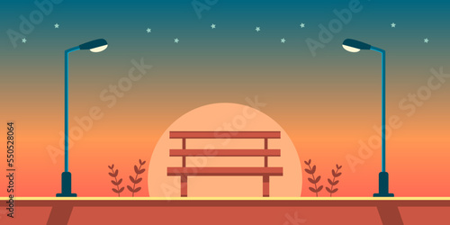 Wooden bench with electric streetlight lamp bulb pole illuminated light and stars at public park garden in evening twilight sunset backgroud flat vector design.