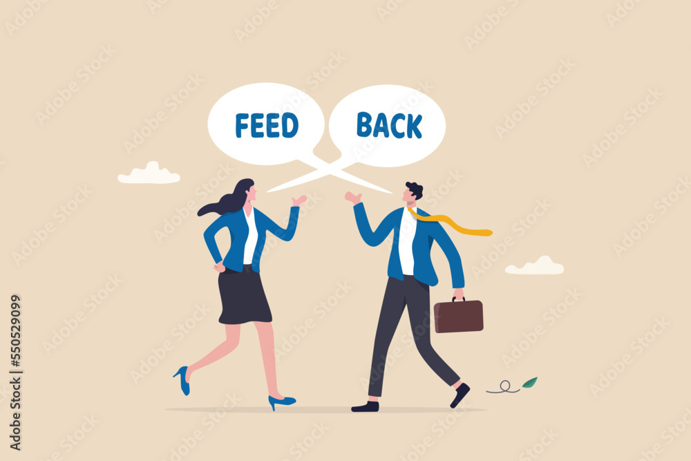 Employee feedback, opinion or colleague voice for improvement, message discussion, telling or comment each other, appraisal or review process, businessman and woman telling feedback to each other. Employee feedback, opinion or colleague voice for improvement, message discussion, telling or comment each other, appraisal or review process, businessman and woman telling feedback to each other.