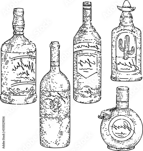 bottle glass set hand drawn vector. drink, doodle beverage, retro menu, alcohol engraved art, brandy bar, restaurant pub bottle glass sketch. isolated black illustration