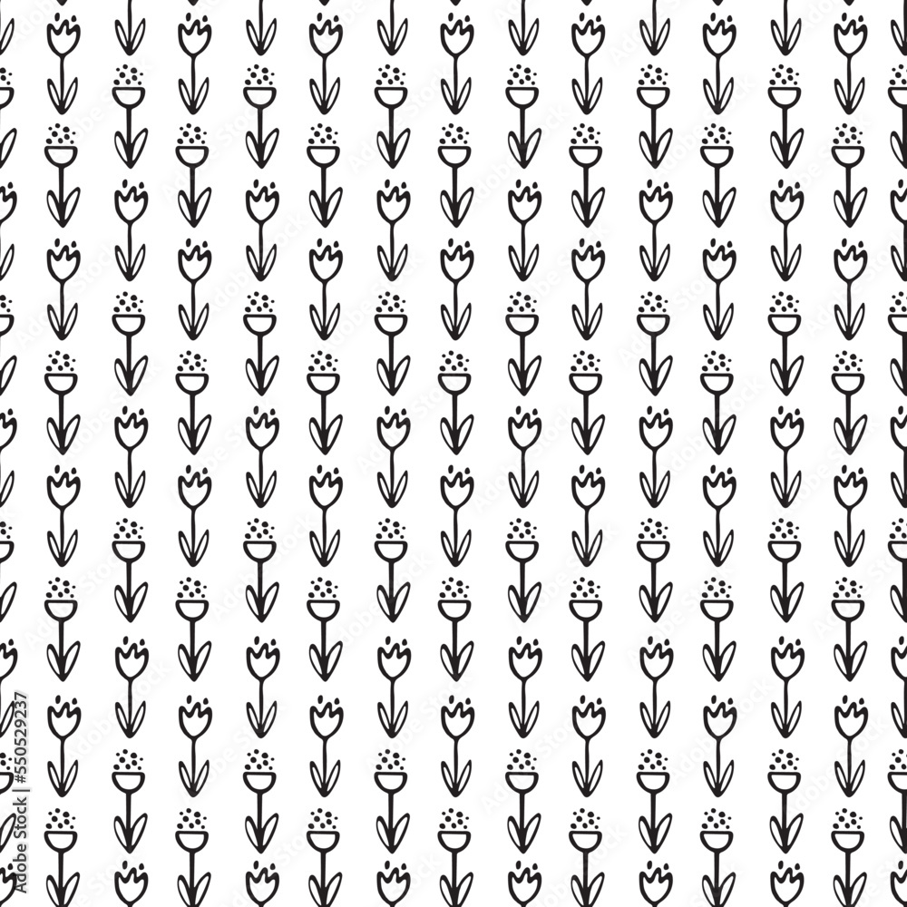 Fototapeta premium Doodle lineart abstract flowers seamless pattern, black and white botanical background