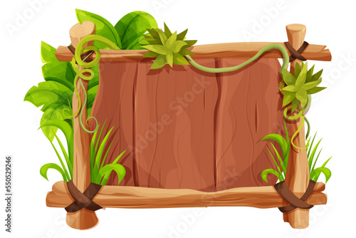 Frame from sticks, wooden planks decorated with grass and liana, jungle leaves in comic cartoon style isolated on white background. Border, jungle panel textured and detailed. Game asset, menu