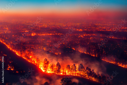 Aerial view of forest fire. Digitally generated image