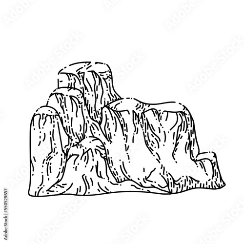 mountain landscape hand drawn vector. nature art, doodle forest hill, rock travel mountain landscape sketch. isolated black illustration