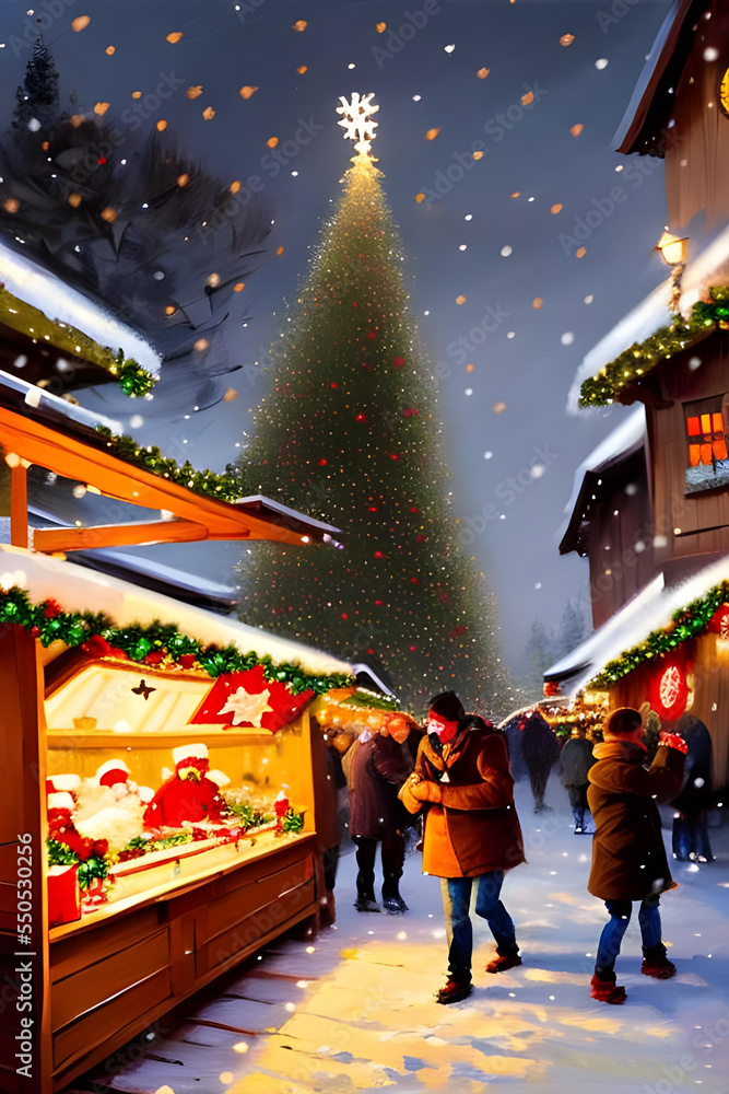 Christmas fair with christmas tree and gifts - painting 