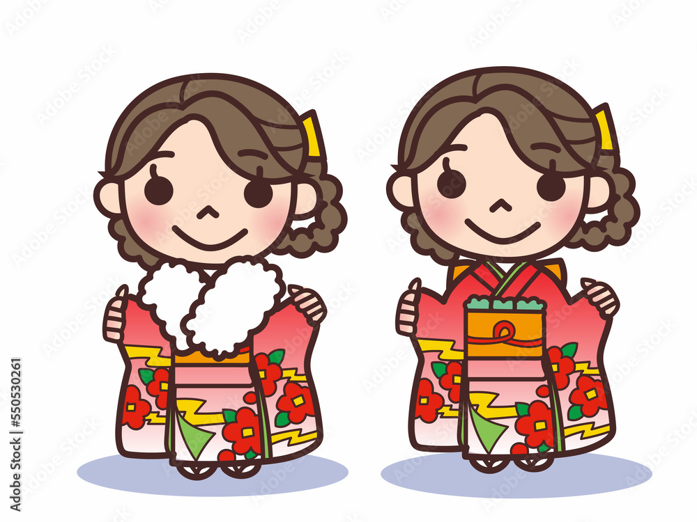 晴れ着を着た若い女性のイラストセット Stock-Illustration | Adobe Stock