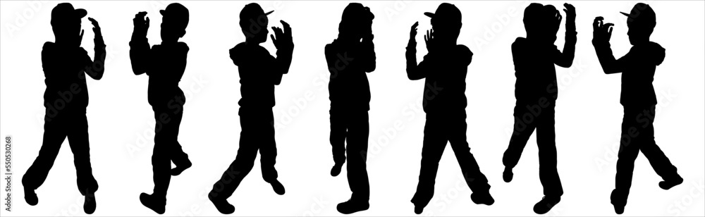 Seven teenager silhouettes of hip-hop dancers over a white background. A teen in a cap and tracksuit dances a break. Dancing boy in a hat. Black silhouettes of hip-hop dancers. Front view, profile.