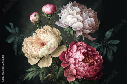 Slika na platnu Digital illustration of Peonies on a dark watercolor background, generative art