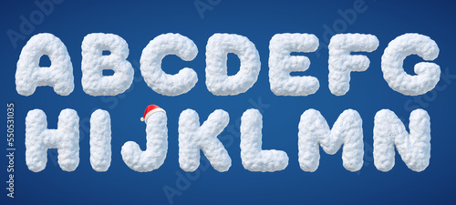 Snowy alphabet. Letters made of snow. Winter font isolated on blue background. Vector illustration