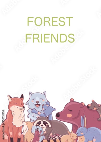 Forest friends poster, banner. Fox, wolf, bear, hare, raccoon. Suitable for an invitation to a birthday party, a children's party.