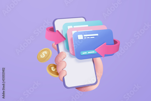 3D cashback credit card and money refund. money holding wallet on mobile phone, online payment and cash saving for shopping online. 3d financial credit card icon vector render for business bank