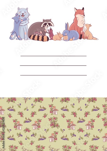 A daily planner, a checklist template with forest animals. Title page, cover. Wolf, fox, raccoon, hare, bear, badger with plants, wild berry.